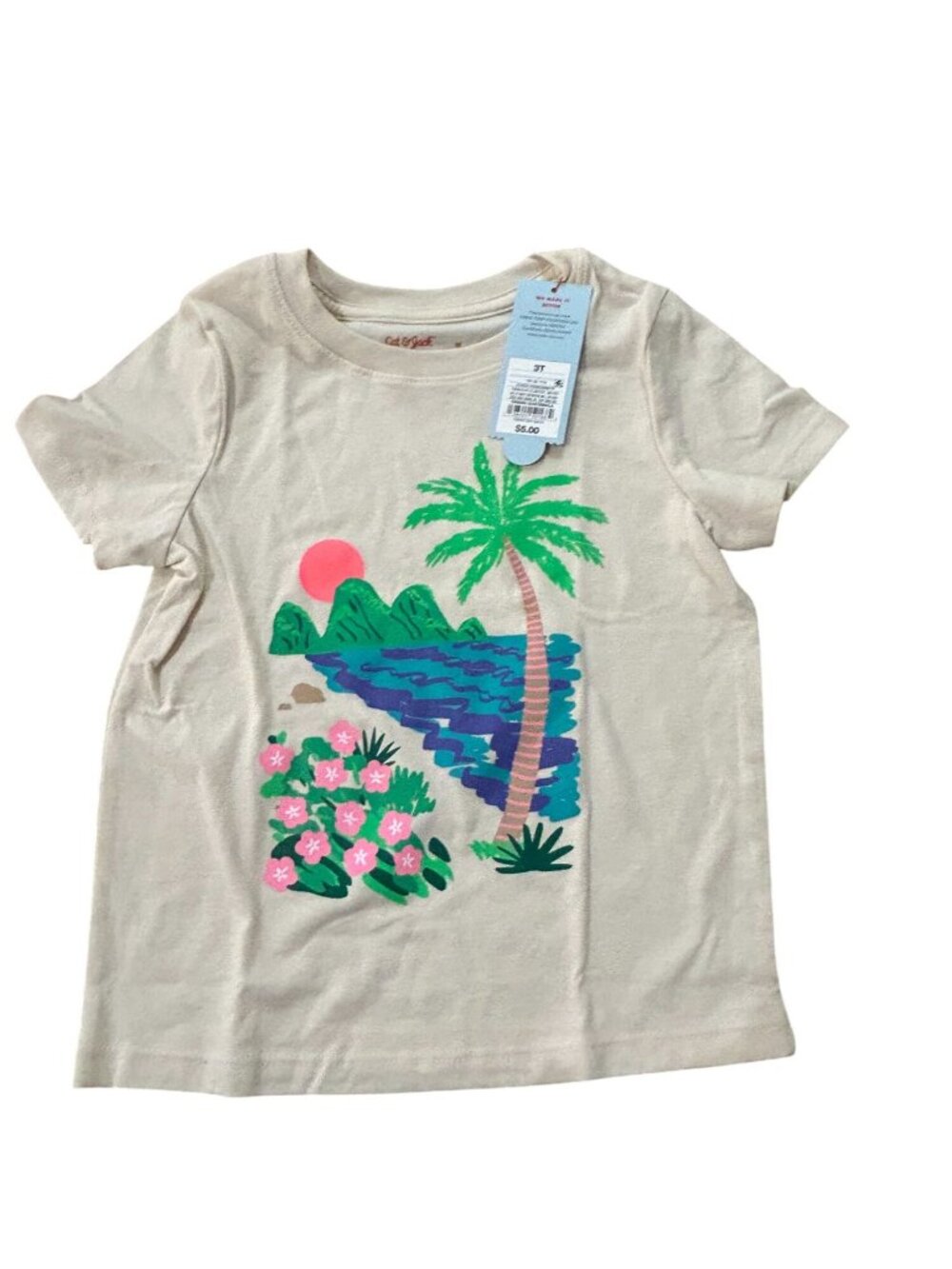 NWT Toddler Girls' Palm Tree Graphic T-Shirt - Cat & Jack Beige 3T: Crew Neck, S